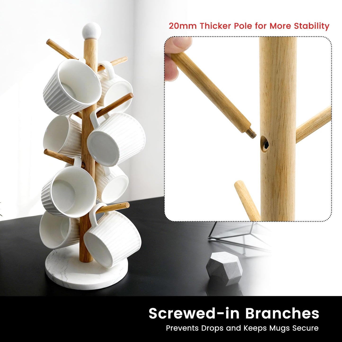 SNAIL GARDEN Screwed-in 8 Hooks Coffee Mug Holder, Marble Bas Mug Tree with Ceramic Handles, Wooden Coffee Cup Rack, Cup Stand for Counter Bar Accessories and Decor