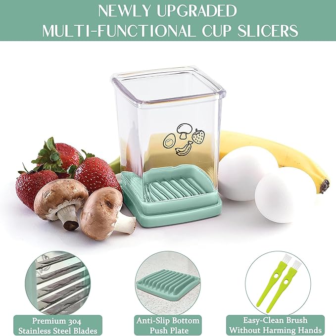 Cup Slicer, Stainless Steel Strawberry & Banana Slicer, Speed Fruit Cutter with Push Plate, Quickly Making Salad, Must Have Kitchen Gadget (Cyan)