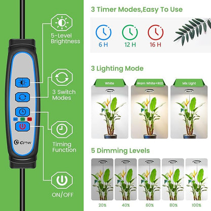 Aokrean 6.3in Grow Light, 80LED Growing Light Full Spectrum for Indoor Plants, Auto Timer 6/12/16H, 3 Optional Spectrums, Height Adjustable 10"-65", Idea for Large Plant, 5V, Black, 3 Pack