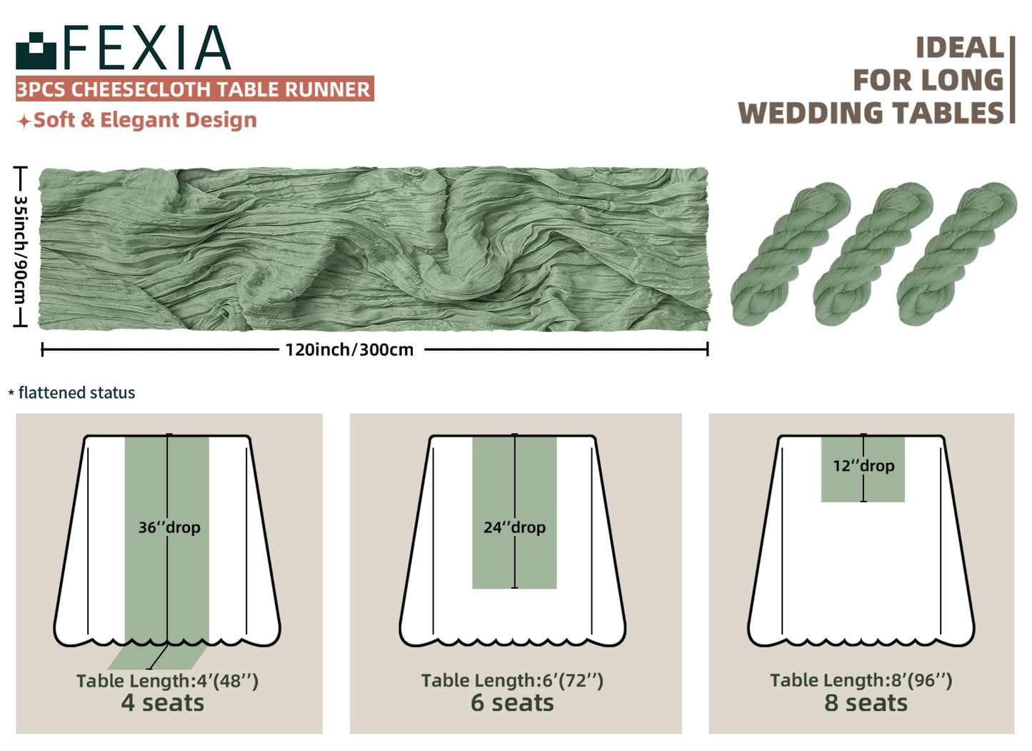 FEXIA 3Pcs Sage Green Cheesecloth Table Runner for Baby Shower Decoration Summer Gauze Table Runner for Wedding Party Engagement Bridal Shower Home Decor Birthday Decoration (35x120 Inches)