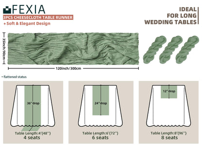FEXIA 3Pcs Sage Green Cheesecloth Table Runner for Baby Shower Decoration Summer Gauze Table Runner for Wedding Party Engagement Bridal Shower Home Decor Birthday Decoration (35x120 Inches)