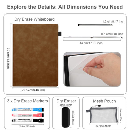 AGM Portable White Board Dry Erase Notebook, 12" x 9" Double Sided Folding Whiteboards with 3 Pens, Small Travel Dry Erase Board Skin-Friendly Material for Study, Meeting, Planning, Brown