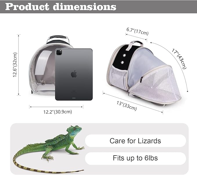 WEVONIGU Expandable Small Animal Backpack Carrier with Clear Bubble Window Large Space Travel Cage for Hedgehog Rat Parrot,Bearded Dragon,Sugar Glider,Airline Approved (Black, BE Backpack)