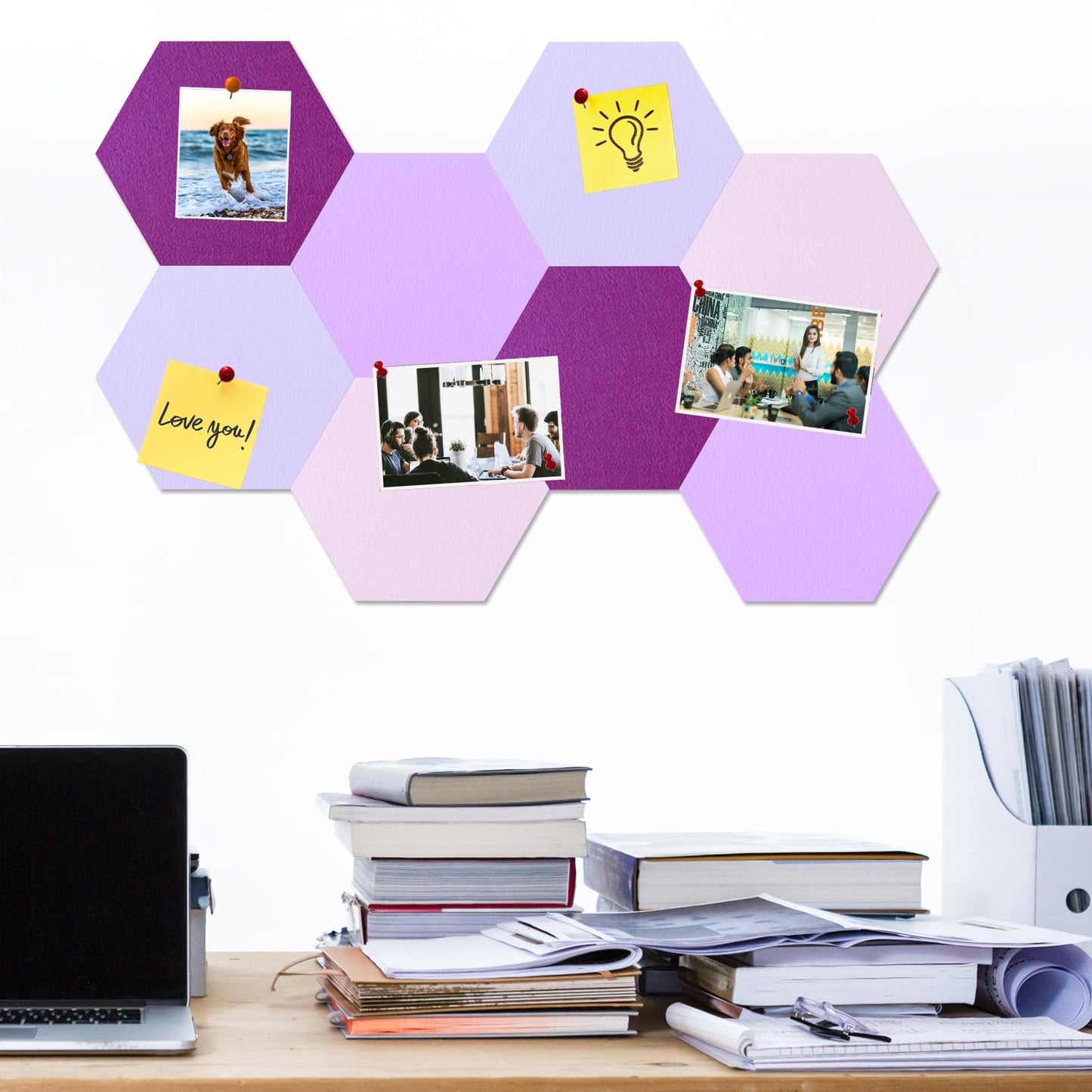 HULAVO Large Hexagon Felt Cork Board Tiles, Self Adhesive DIY Felt Bulletin Board Pin Board with 35 Pushpins for Office School Home Wall Decor Stickers Memos Photos Display(Purple+Pink)