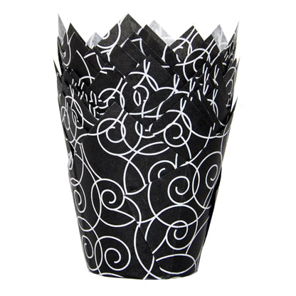 QLSmypkg Muffin Greaseproof paper Baking cupcake cups, 2"(Bottom diameter) x 3-1/2"(Height) Black Fancy Floral Print Tulip Baking Cup Case of 125 pcs (125, Standard)