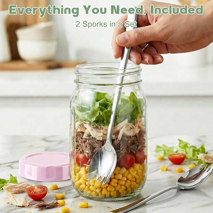 Salad Jars with Lids Meal Prep Containers Glass - 32oz Leakproof Mason Jars Salad Containers with Dressing Cup for Lunch Bentgo, Full Meal Salads Lunch Containers with Spoon Forks for Adults
