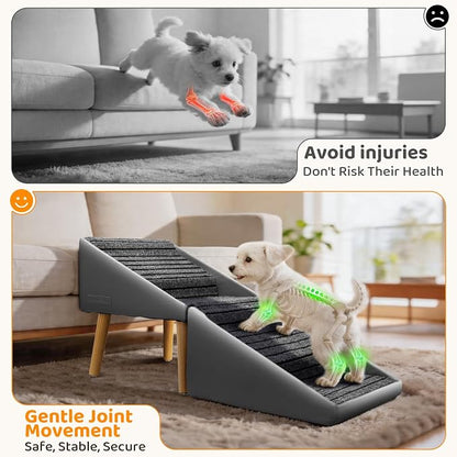 Dog Stairs for Small, Medium, Large Dogs & Cats, 17" H 4‑Step Foldable 2‑in‑1 Wooden Pet Steps with Split Ottoman Design, Non‑Slip Dog Ramp for Couch Bed Sofa for Puppy Senior Injured Pets