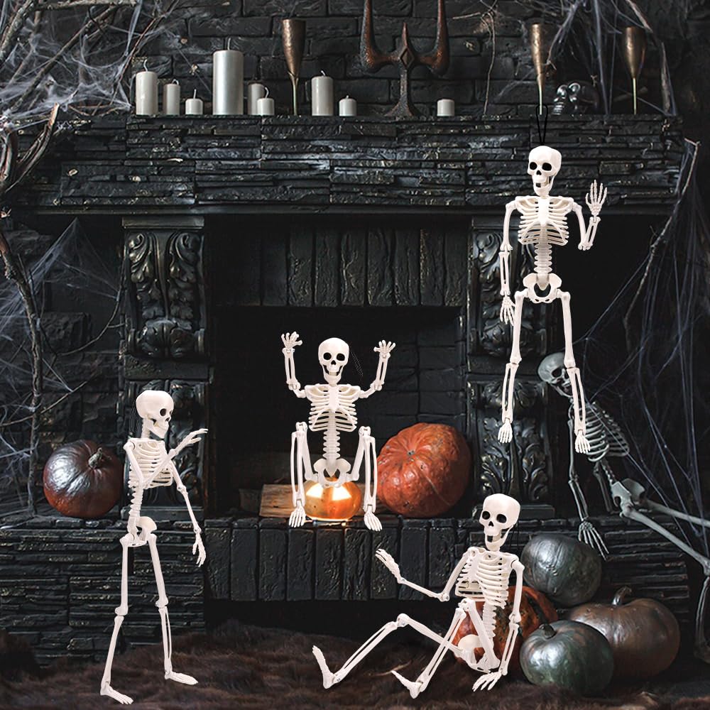 XIMISHOP 5pcs Halloween Skeleton Decoration, 16" Full Body Posable Hanging Skeleton with Movable Joints for Graveyard Haunted House Indoor Outdoor, White