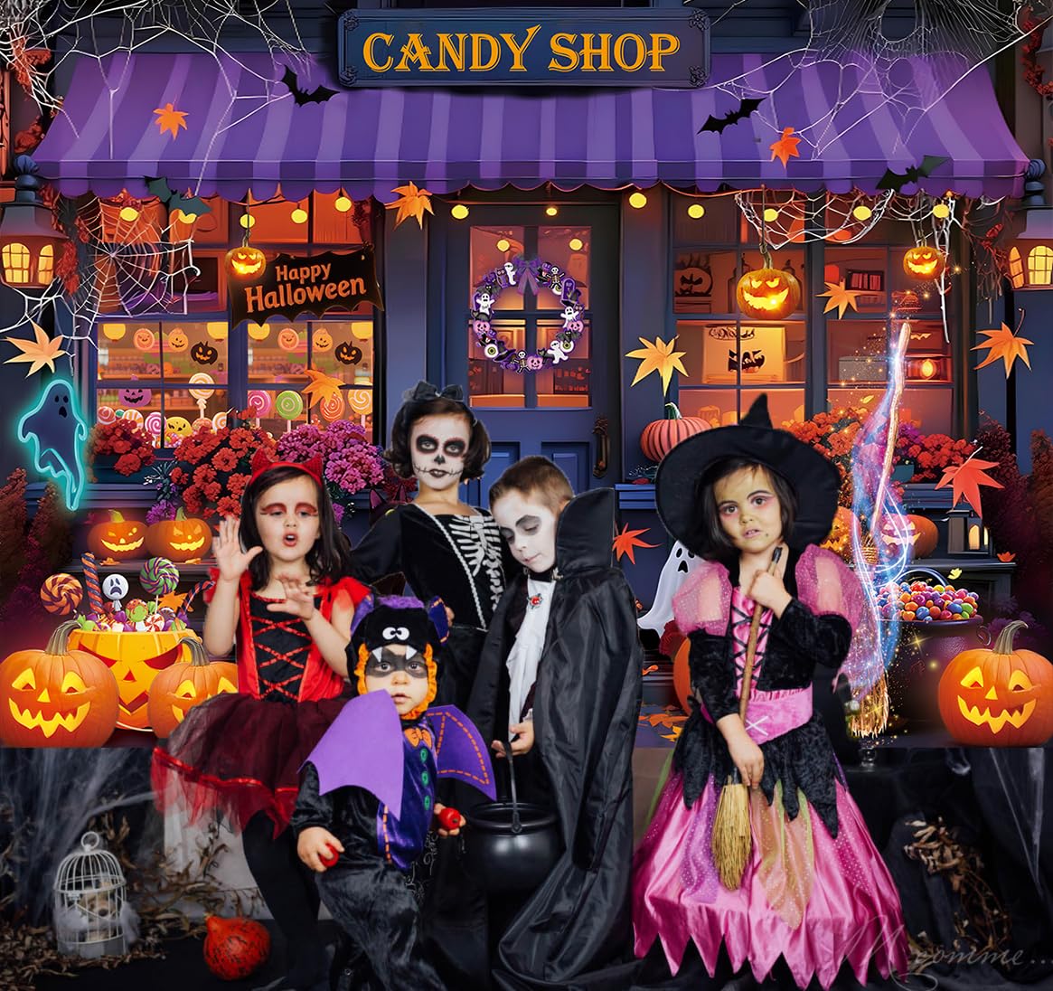 Halloween Candy Shop Backdrop Magic Witch Pumpkin Shop Maple Leaves Photography Background Halloween Pumpkin Lantern Night Theme Party Decorations Banner (8X6FT(94 x 70 inch))