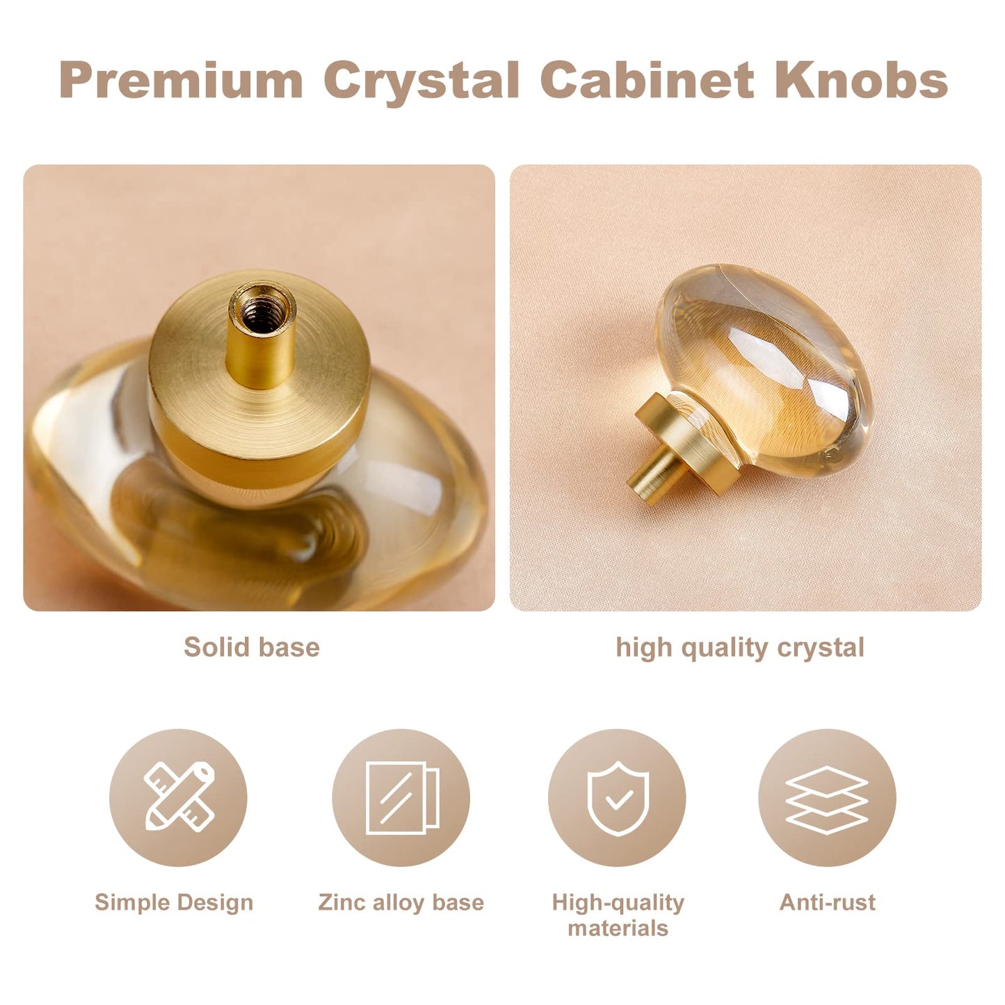 CLCTK 8 Pack Champagne Crystal Cabinet Knobs, Gold Cabinet Glass Knobs for Dresser Drawers Brass Furniture Hardware Pulls (Oval)