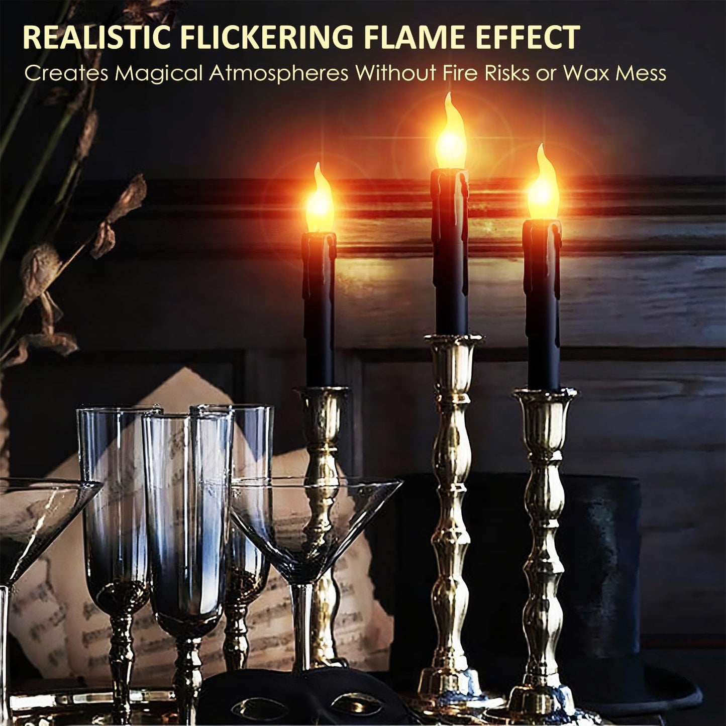 Floating Candles with Magic Wand Remote - 12 Pack Black Battery Operated Flickering Hanging Flameless LED Candle Lights,Realistic Taper Candles with String for Halloween,Christmas,Windows,Ceiling