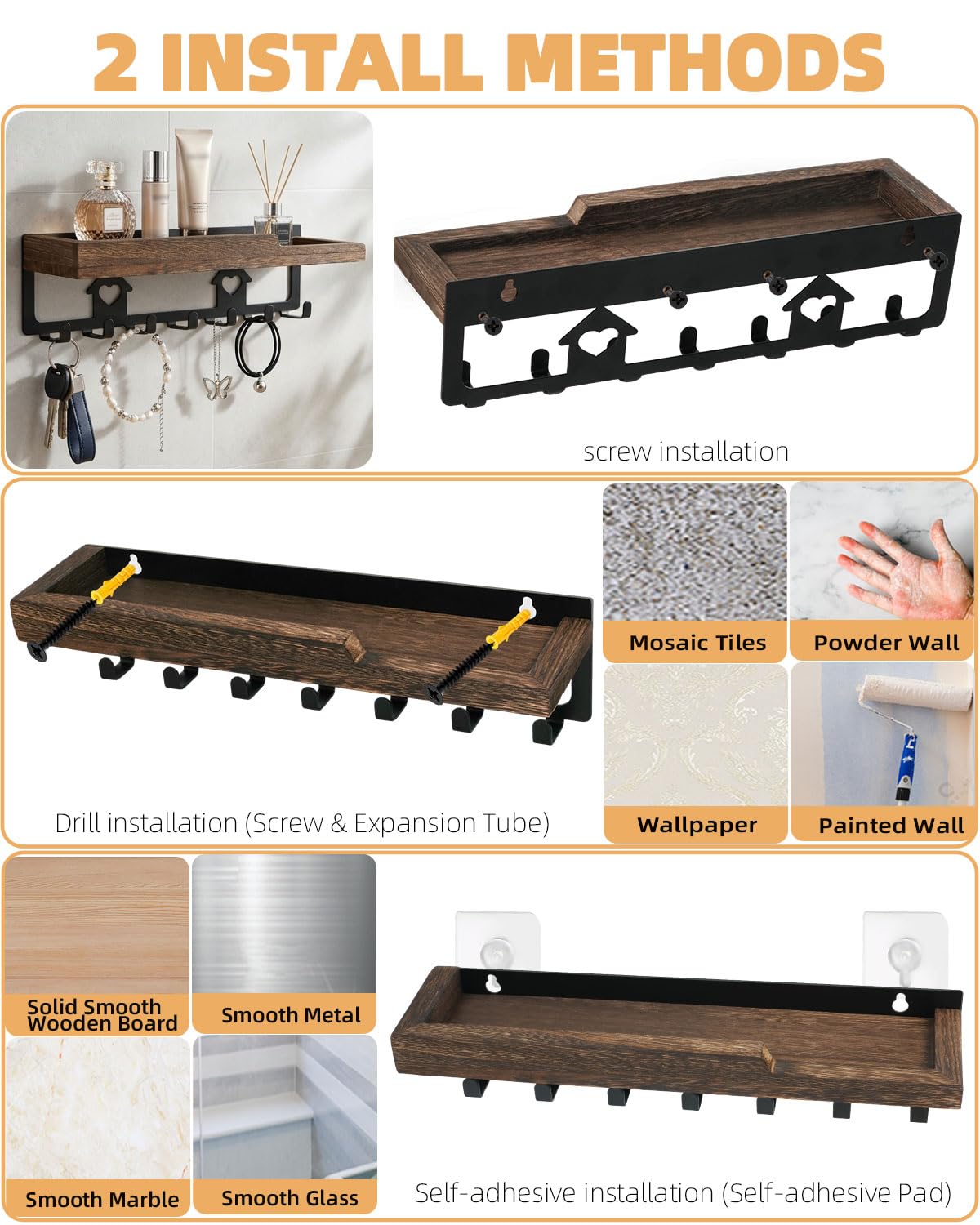 lucdnc Key Holder for Wall with Tray,Decorative 7 Metal Hooks and Paulownia Wood Shelf,Entryway Organizer for Mail,Keys,Sunglasses -Wall Mounted Key Hooks for Office Home Decor Key Rack