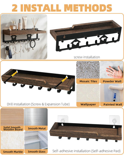 lucdnc Key Holder for Wall with Tray,Decorative 7 Metal Hooks and Paulownia Wood Shelf,Entryway Organizer for Mail,Keys,Sunglasses -Wall Mounted Key Hooks for Office Home Decor Key Rack