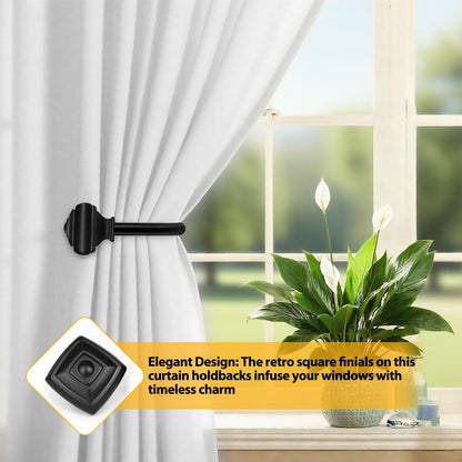 2 Pack Black Curtain Tiebacks, USFOOK Decorative Window Drapery Holdbacks (2 Pack/1 Pair), Curtain Hooks for Drapes with Square Finials (3.45" L x 5.35" W)