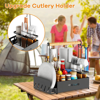 GUIBUKEYAN Grill Caddy, BBQ for Outdoor Grill with 2 Paper Towel Holders, Picnic BBQ Condiment Utensil Organizer Caddy for Outdoor Cooking, Rv, Camping Essential, Camper Must Haves,Gifts for Men