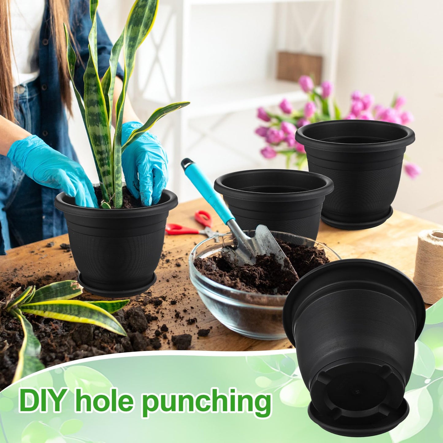 Sunnychicc 12 Pack 8+'' Plastic Plant Pots Round Planter Pots with Saucer Tray Seedling Pot Hole Seed Resin Plant Pot Starting Nursery Flower Container with Pallet for Garden Outdoor Indoor(Black)