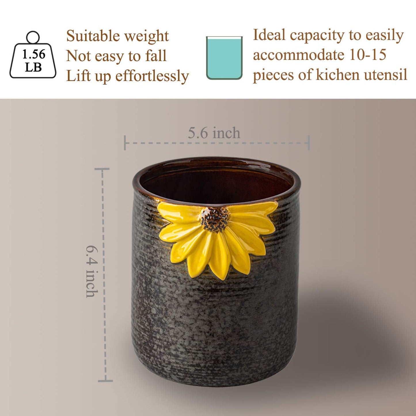 GABROC Utensil Crock, Kitchen Utensil Holder, Ceramic Utensil Holder for Countertop, Cooking Utensil Holder for Kitchen Sunflower Decor Large Kitchen Spatula Holder