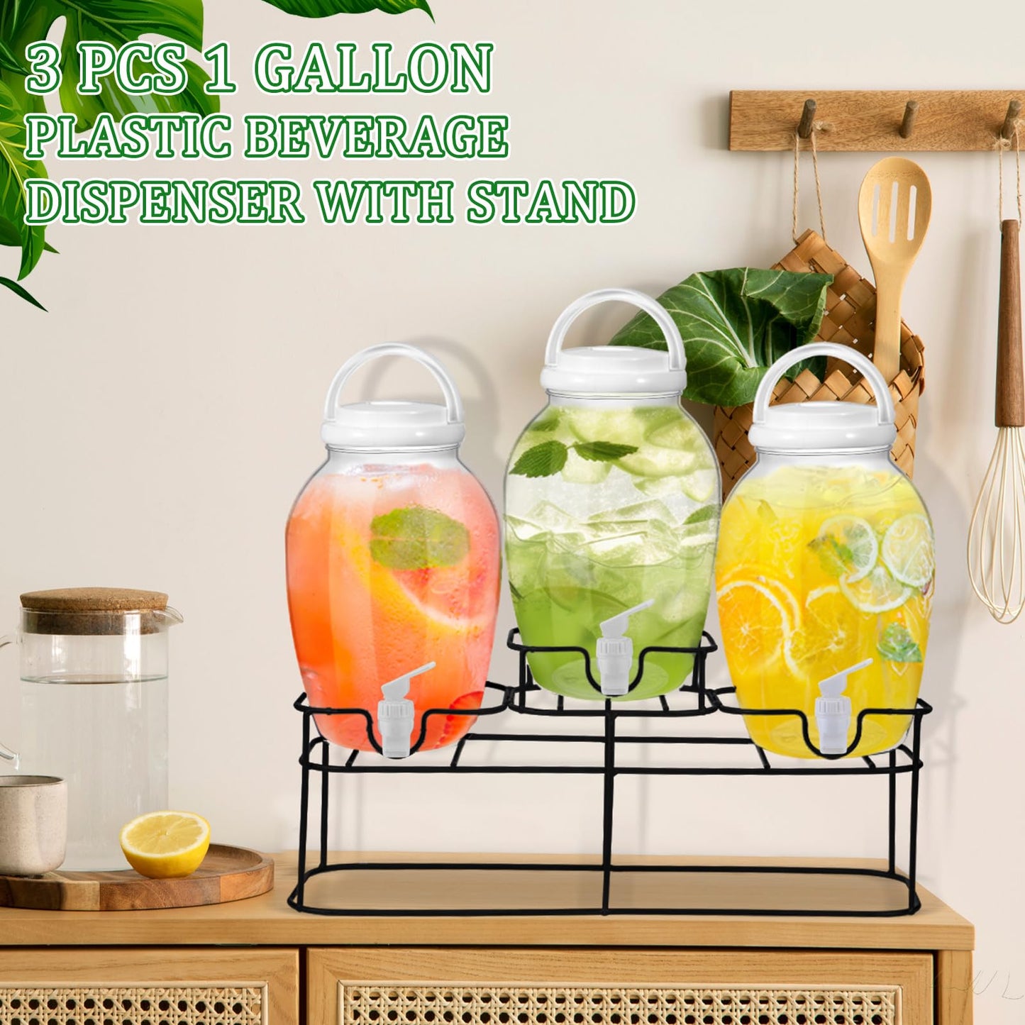 Tanlade 3 Pcs Plastic Drink Dispenser with Spigot and Metal Stand 1.2 Gallon Beverage Dispenser for Parties Juice Dispensers Lemonade Jar with Lids for Cold Drink Tea Water Container