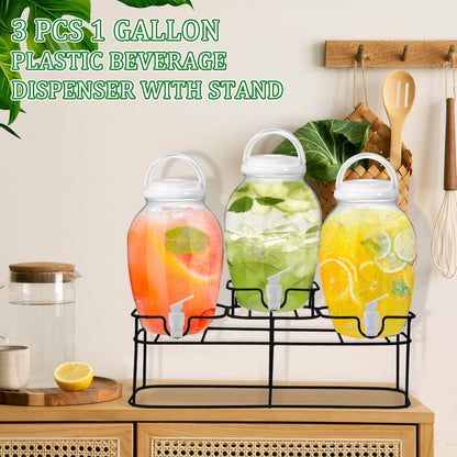 Tanlade 3 Pcs Plastic Drink Dispenser with Spigot and Metal Stand 1.2 Gallon Beverage Dispenser for Parties Juice Dispensers Lemonade Jar with Lids for Cold Drink Tea Water Container