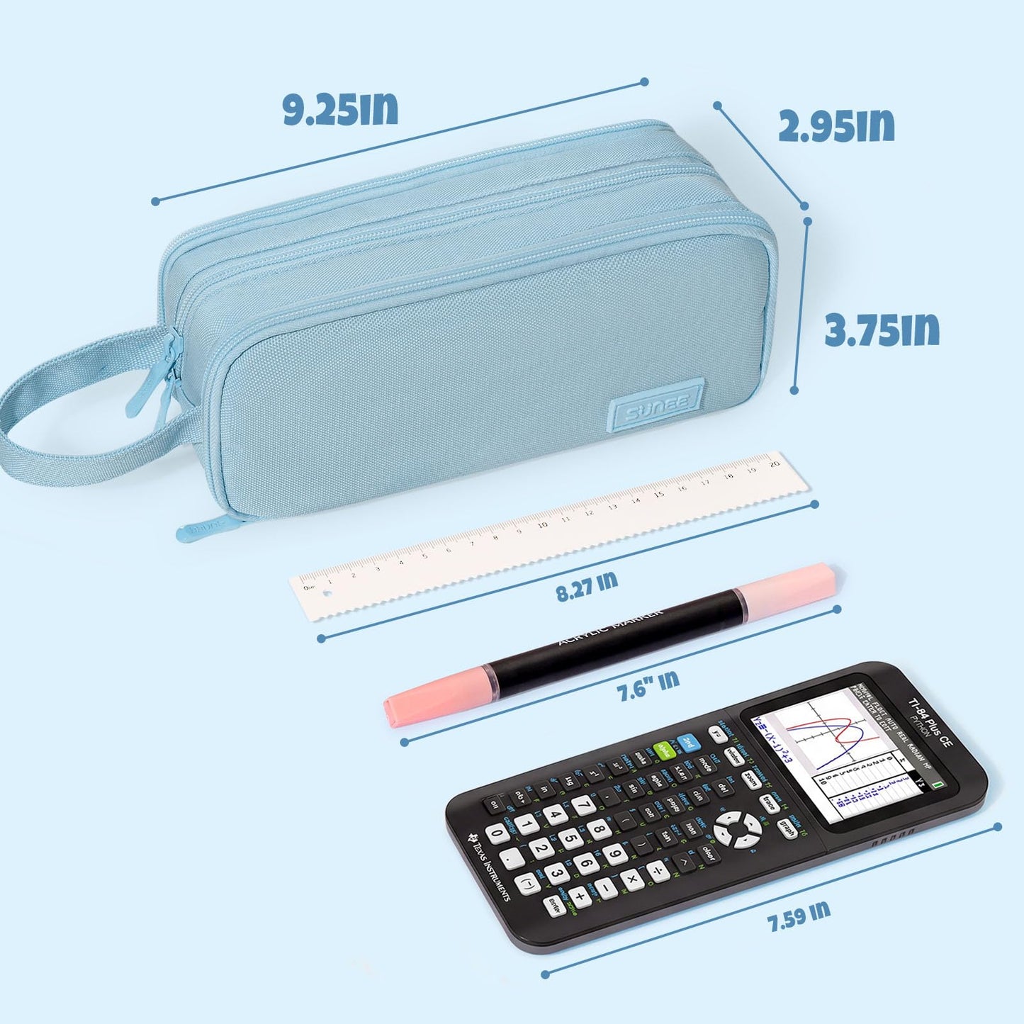 SUNEE Large Capacity Pencil Case with 3 Compartment, Extra Big Pencil Pouch, Pencil Bag with Zipper, Cute High Stationery Organizer, Oxford Pen Box School Supplies for Student Teen Girls Boys, Blue