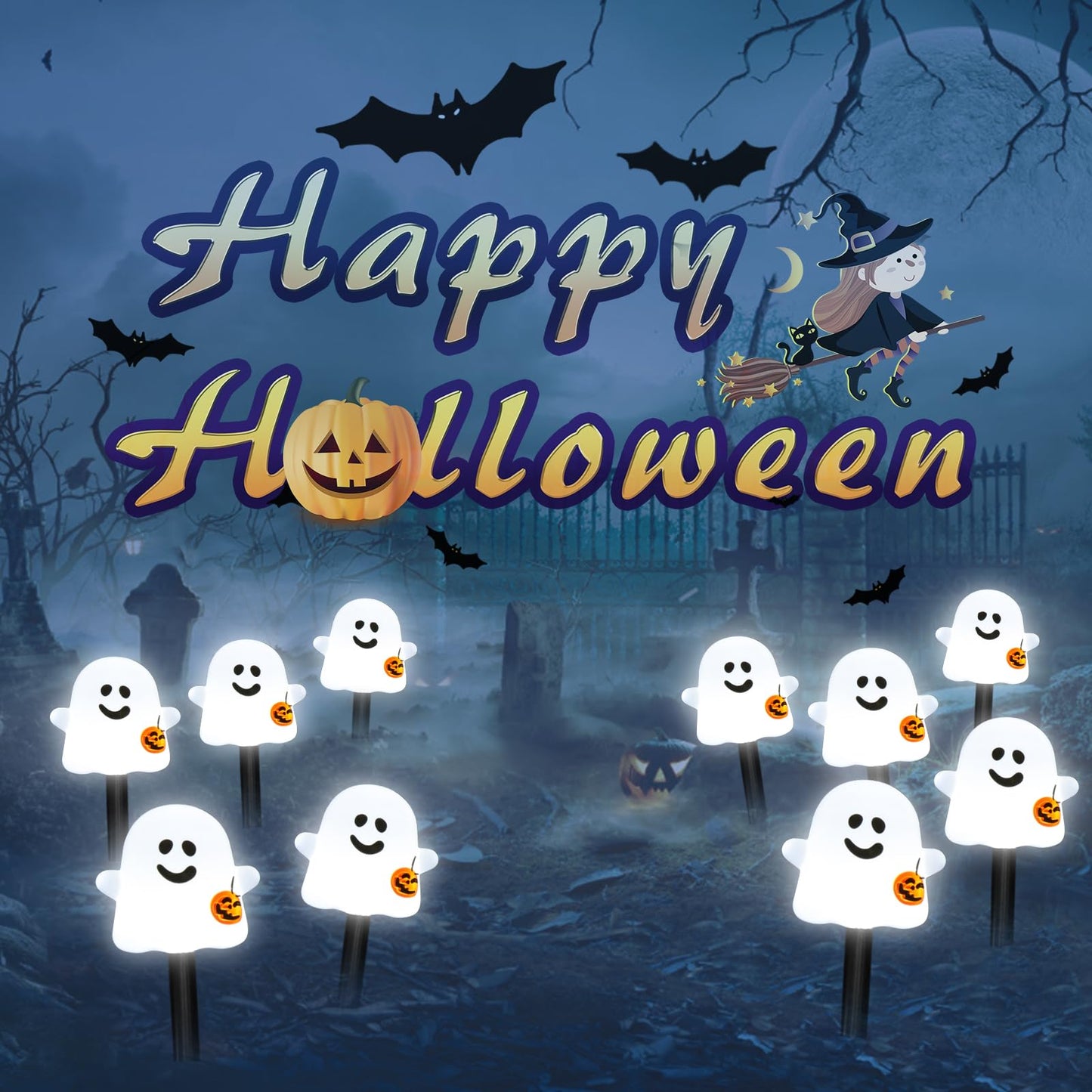 BRIGHTDECK Solar Halloween Ghost Pathway Lights, 10 Pack Ghost Stake Lights with Pumpkin Design, Durable Waterproof Outdoor Halloween Decoration for Garden, Walkway, and Yard (Cold White)