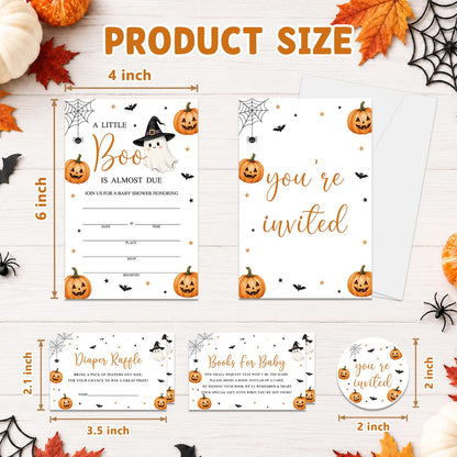 Halloween Baby Shower Invitations, A Little Boo Is Almost Due Ghost Pumpkin Baby Shower Invites, 25 Invitation with Envelopes, Book Request Cards, Diaper Raffle Tickets and Round Stickers -W03