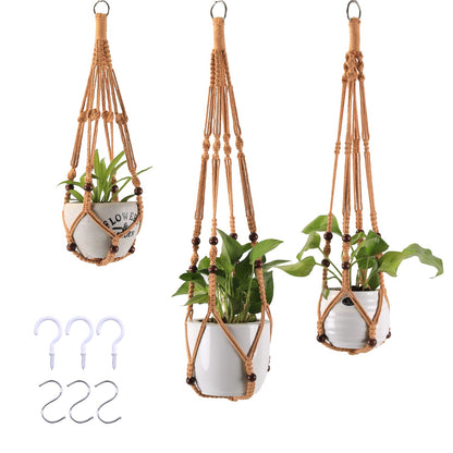 MKO SHUN 3-Pack Macrame Plant Hanger Indoor - Hanging Planter Basket for Indoor Outdoor - Decorative Boho Plant Holders Set with Beads - Ceiling Flower Pot Holder with 6 Hooks - 35"/30"/24" Brown