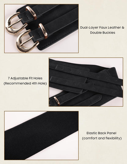 Scarlet Darkness Women's Wide Elastic Belt for Dress Stretchy Corset Belt Double Gold Buckle Waist Belt Black L