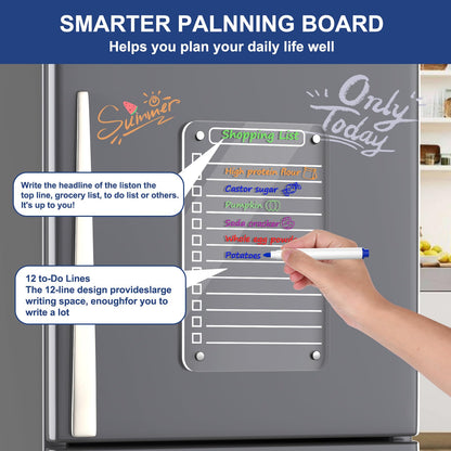 2 Pcs Acrylic Magnetic Dry Erase Board for Fridge, 12"X6" Clear Magnetic to Do List White Board, Acrylic Dry Erase to Do List for Refrigerator, Magnet Whiteboard with 6 Markers