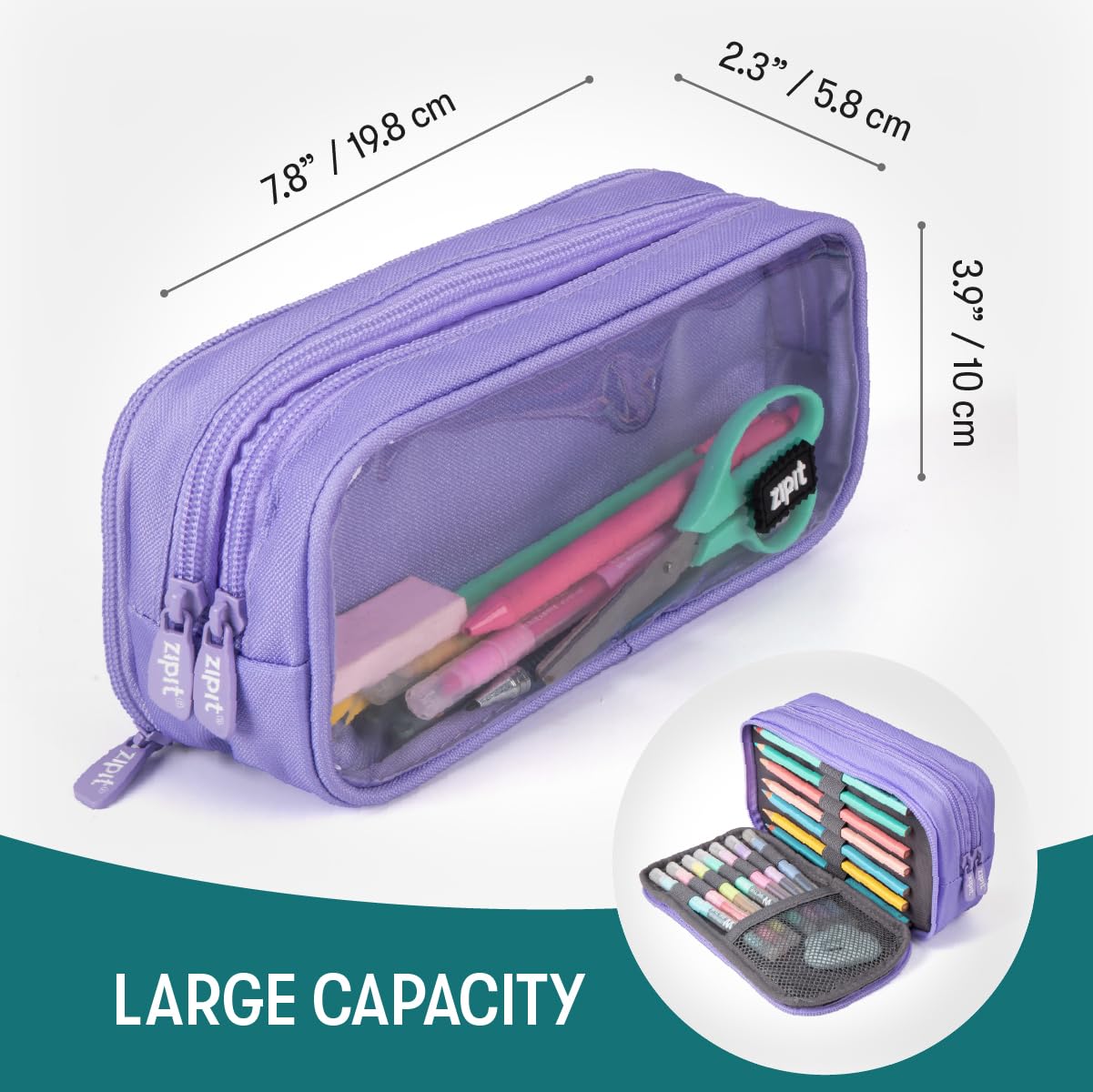 ZIPIT Half & Half Pencil Case for Girls, 3 Compartment Zipper Pouch for School, Stationery Bag for Teen and Adults, Purple