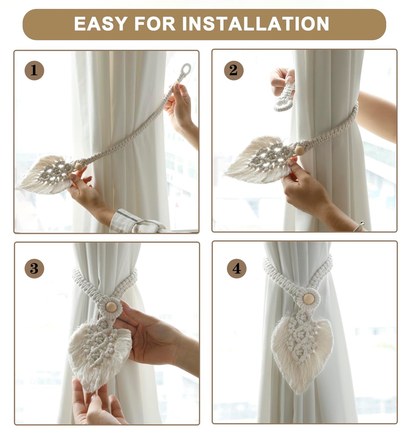 2Pack Curtain Tiebacks Handmade Holdbacks - Farmhouse Curtain Tie Back Holder by Hand-Woven Cotton Rope, Bohemian Home Decor Drapery Holdback