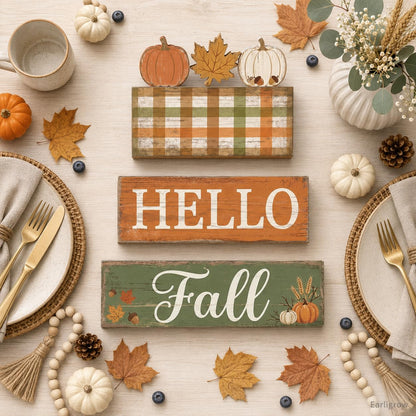 4 Pcs Fall Table Decorations, Hello Fall Tiered Tray Decor, Farmhouse Wooden Block Signs with Pumpkin & Maple Leaf, Rustic Buffalo Plaid Thanksgiving Tabletop Centerpiece for Home Kitchen Shelf