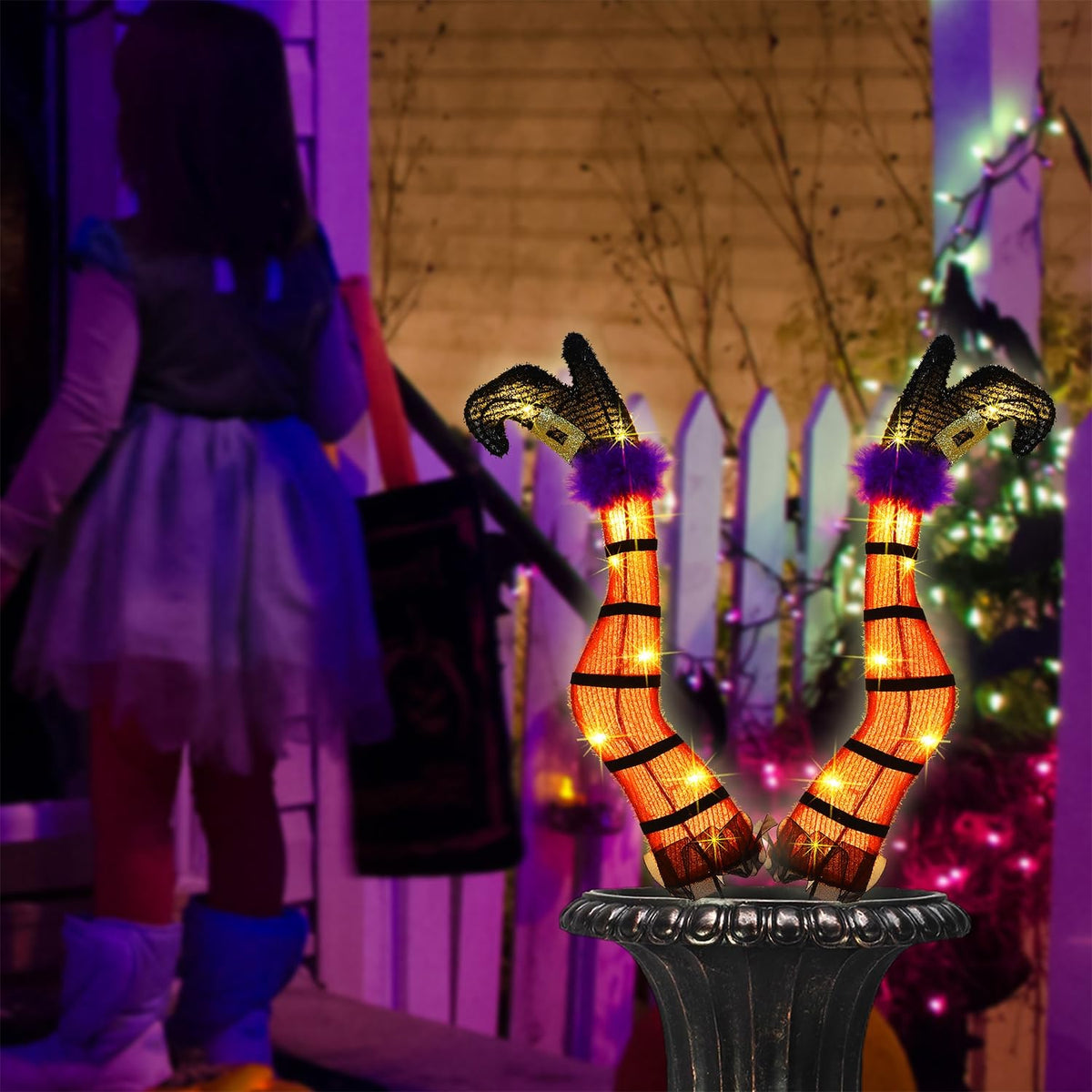 Juegoal Set of 2 Halloween Lighted Wicked Orange Witch Legs with Stakes, 22" Light Up Tinsel Halloween Yard Sign Prop Timer & 8 Modes, Battery Operated for Outdoor Party Haunted House Garden Decor