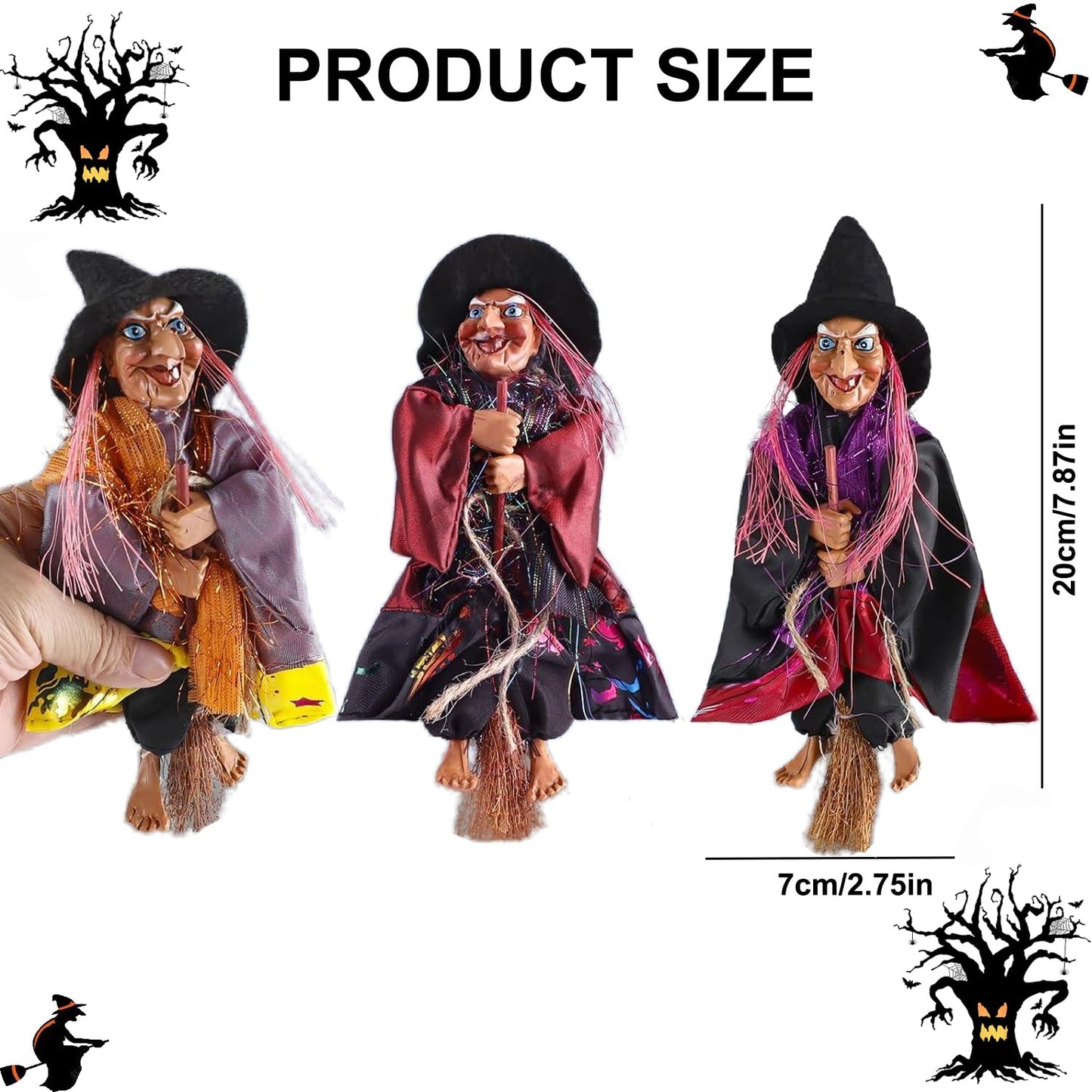 Gawertoy Halloween Witch Ornaments 3 PCS, 8" Flying Witch Figures on Broomsticks, Haunted House Hanging Props