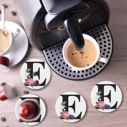 Letter E Coasters Set of 4 Absorbent Ceramic Coasters 4 Inches Round with Cork Base for Drinks Coffee Table Office Summer Outdoor Home Decor