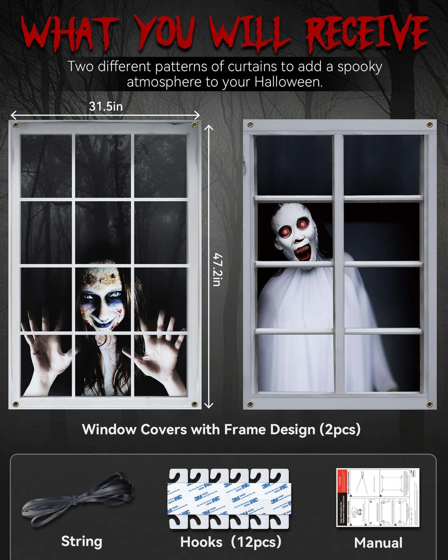 YUSPENYE 2 Pack of Halloween Female Ghost Curtain, Window Door Cover, Halloween Decoration, Party Decors