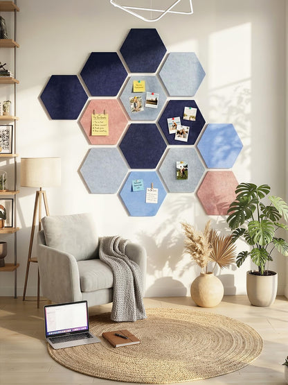 Uoisaiko 8 Pack Hexagon Felt Bulletin Board Tiles - 12" Large Thick Pin Board for Walls with 30 Push Pins, DIY Boards for Office Home School Decor, Aesthetic Hex Cork Board Alternative