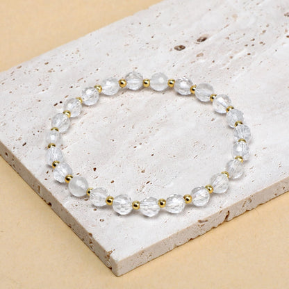 QOGIR Clear Quartz - Amplification - 14K Gold Plated Beads Natural Gemstone Stretch Elastic Dainty Healing Beaded Bracelets Gifts 6mm