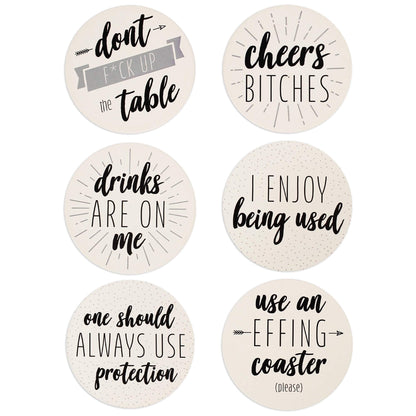 LotFancy 6PCS Ceramic Coasters with Cork Base, Round Coasters with 6 Humorous Sayings, Non-Slip, Bar Room Decor, Housewarming Gift