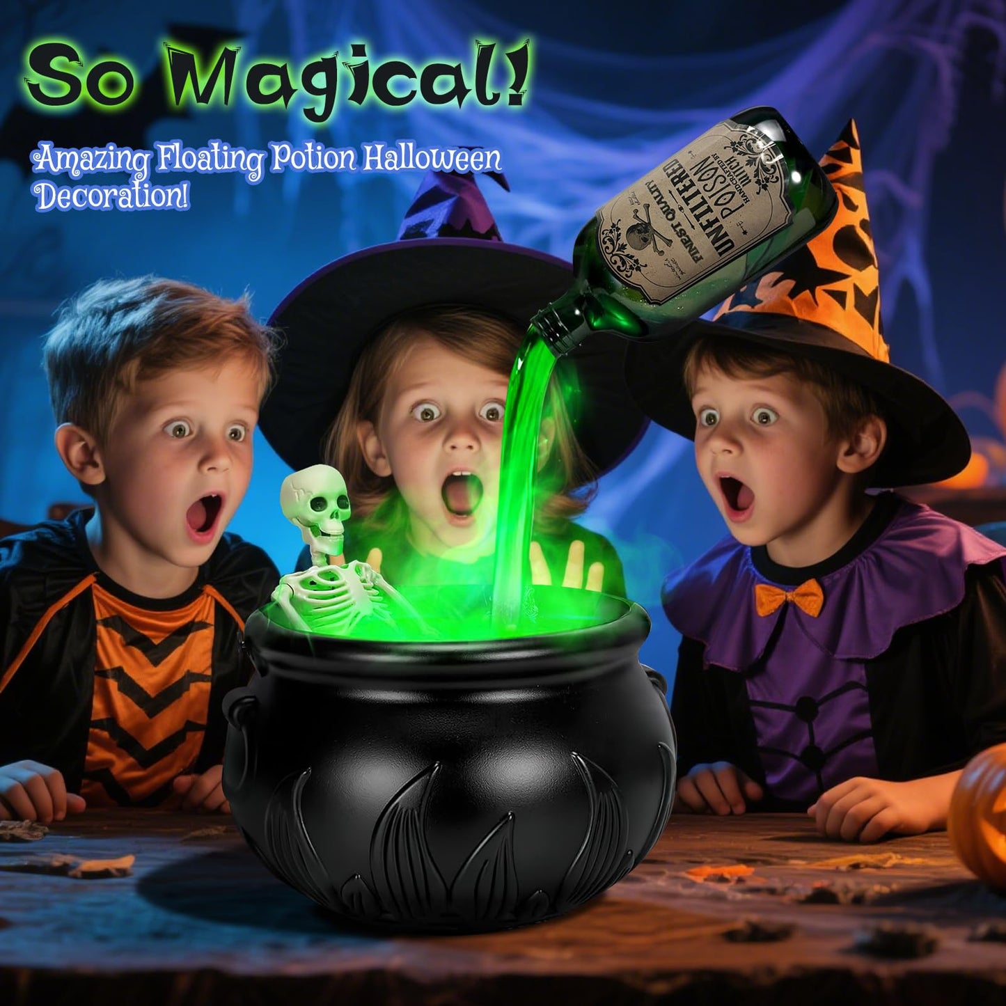 Halloween Decorations Indoor, Cauldron Halloween Decor Set with Magic Floating Potion Bottles Skeleton Mist Maker, Black Witches Cauldron Diffuser for Home Kitchen Mantel Party Decor