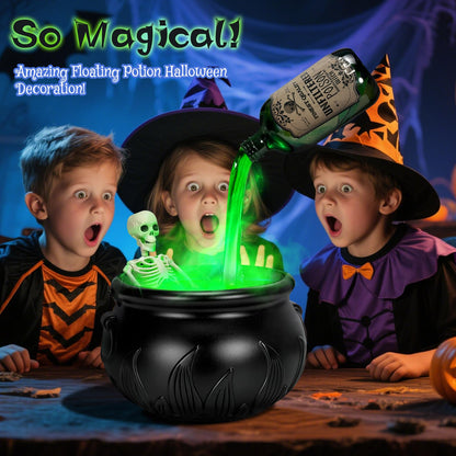 Halloween Decorations Indoor, Cauldron Halloween Decor Set with Magic Floating Potion Bottles Skeleton Mist Maker, Black Witches Cauldron Diffuser for Home Kitchen Mantel Party Decor