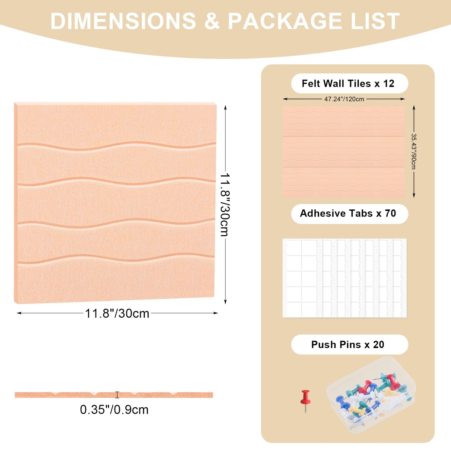 AKONEGE Felt Bulletin Board Tiles 12 Pack, 48" x 36" Cork Board Alternative, DIY Pin Board Wall Tiles for Photo Wall, Vision Board, Room & Home Office Decor, Stick-On with Adhesive Tabs, Peach Beige