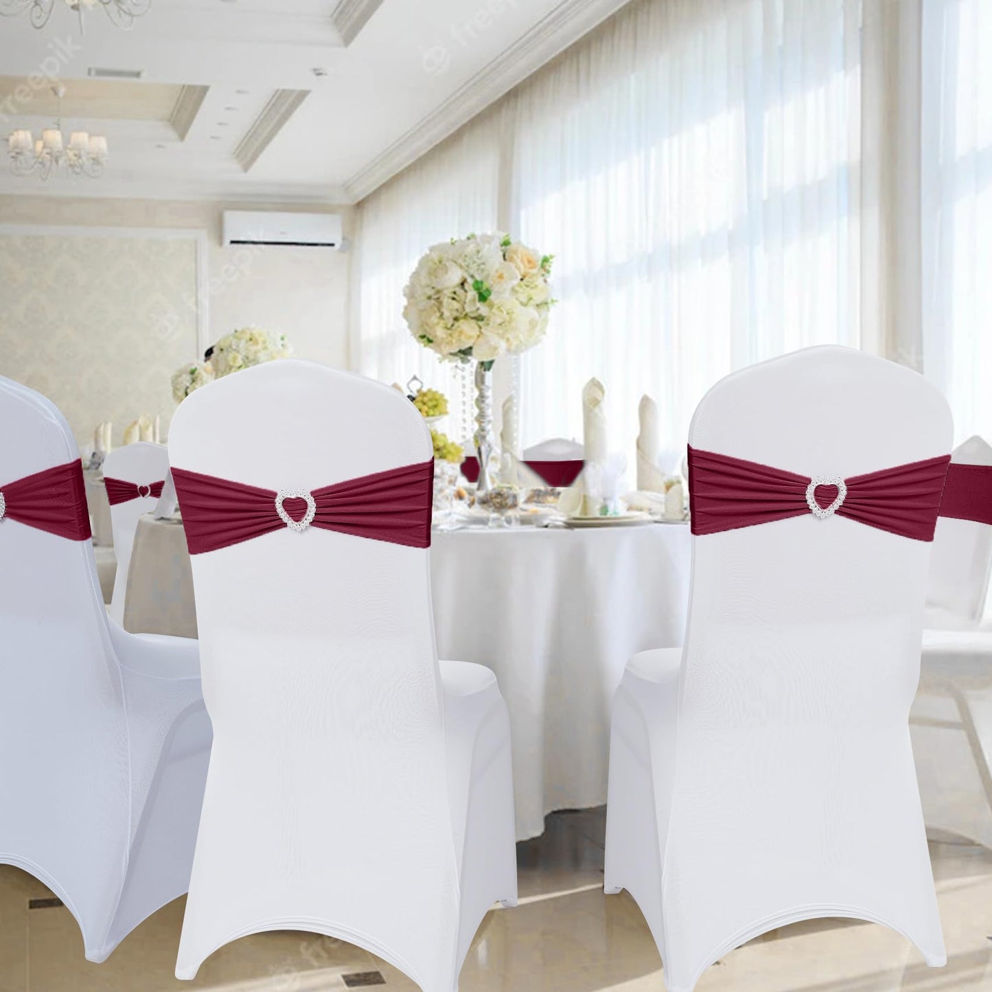 Howhic Pack of 60 Spandex Chair Sashes Bows Stretch Cover Band with Buckle Slider Universal Elastic Chair Ties for Wedding Banquet Party Event Decoration (Burgundy)