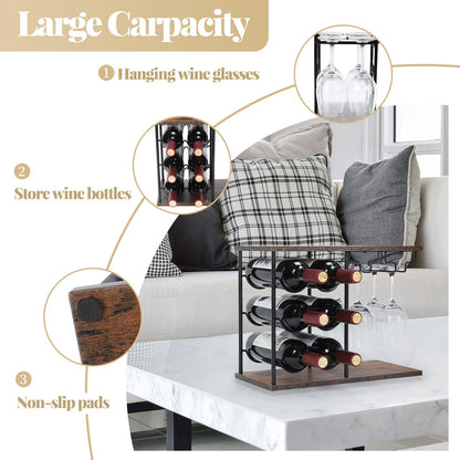 MOOACE Countertop Wine Rack, Wine Bottle Rack with Glass Holder