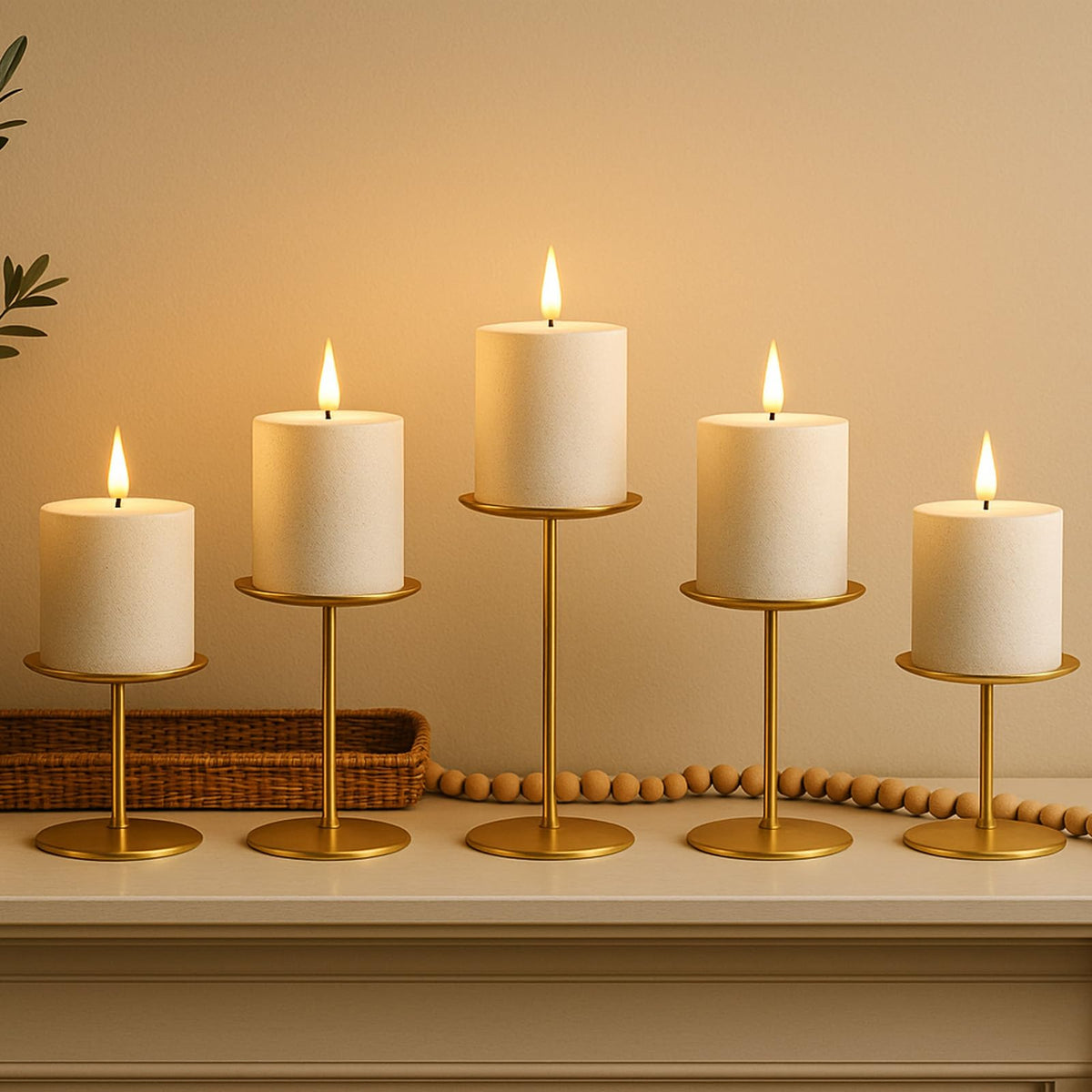 smtyle Gold Candle Holder for Pillar Candles Set of 5 Plate Centerpiece for Table or Floor with Iron