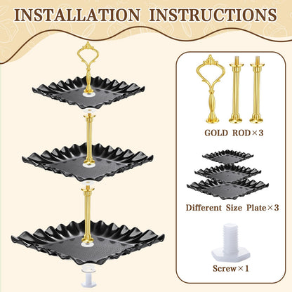 Remerry 16 Pcs Dessert Table Display Set 3 Tier Cupcake Stands Tower Holder Plastic Cookie Serving Trays Gold Serving Tongs for Tea Party Wedding Baby Shower Birthday Table Display(Black)