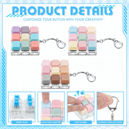Halloscume 3 Pcs Keyboard Adult Fidget Clicker 9-in-1keyboard Fidget Keychain Cube Mechanical Key Button Clicker Stress Relief Gift for Office Home to Pass The Time (Pastel Colors)
