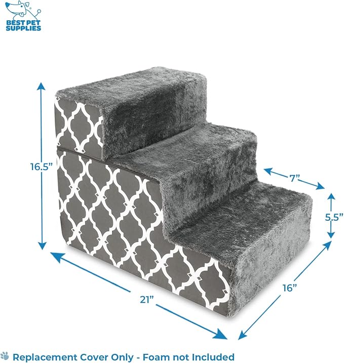 Best Pet Supplies Non-Slip Foam Dog Stair & Pet Ramp, Balanced Indoor Step Support - Foldable Stair Cover, Gray Lattice, 3-Step