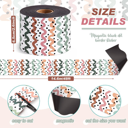 Tenceur 48 ft x 2.76 Inch Magnetic Borders for Whiteboard Decoration, Boho Polka Dot Wave Magnetic Bulletin Board Border Set for Summer Classroom Office Chalkboard Poster Board Decor