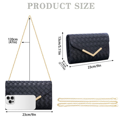 Larcenciel Clutch Purse for Women, Woven Black Leather Evening Bag w/Chain Strap, Formal Envelope Clutch Handbag, Elegant Crossbody Shoulder Party Bags for Wedding, Prom, Cocktail Night, Date, Dinner